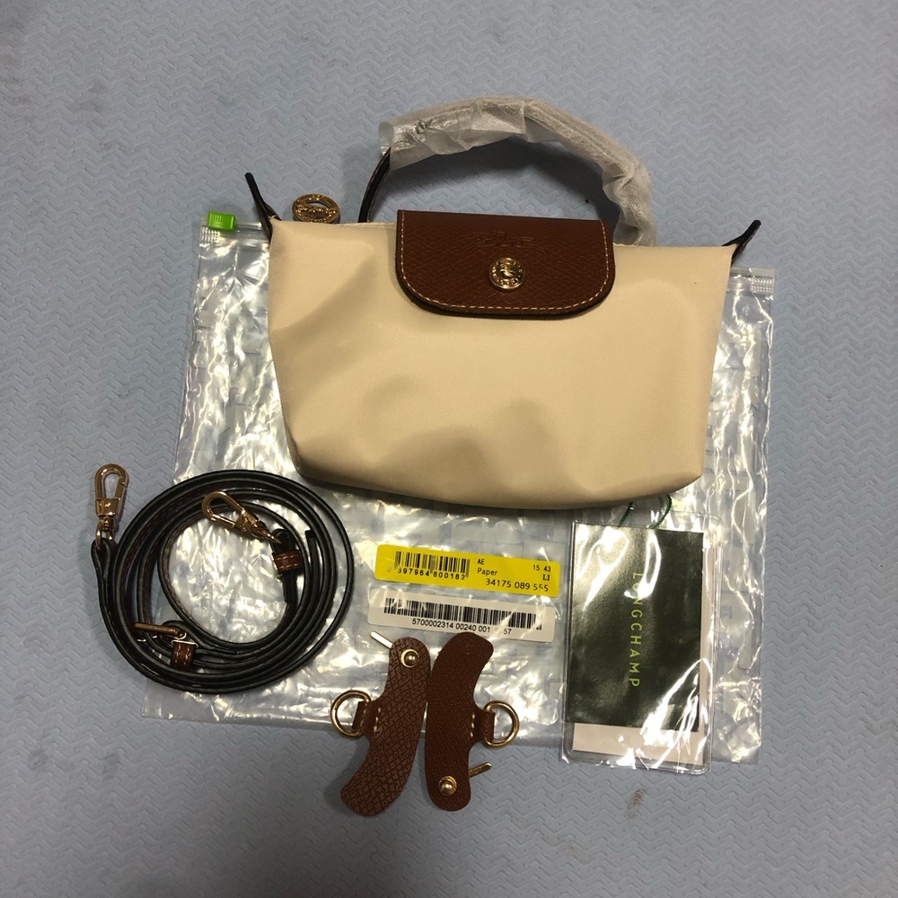 Longchamp Small Cream Nylon Crossbody with Brown Leather Trim